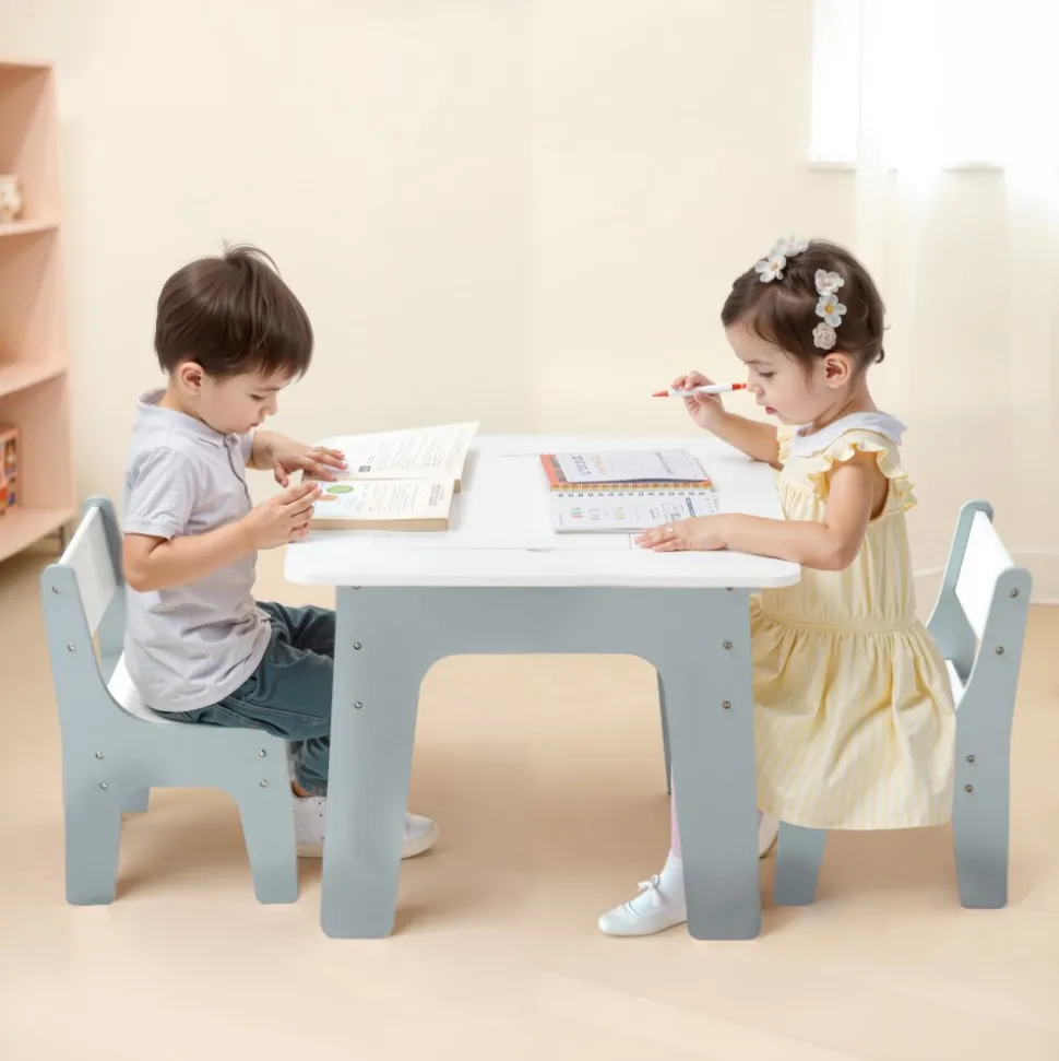 VEVOR 4 in 1 Kid Activity Table and 2 Chairs Set, Graffiti & Building Blocks Double-Sided Tabletop, Toddler Play Table with Storage for Kids 3+ Years, Large Storage Space, Gift for Boys & Girls, White