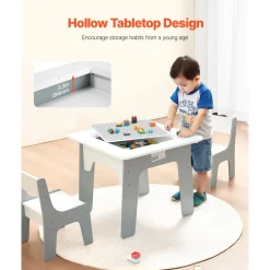 VEVOR 4 in 1 Kid Activity Table and 2 Chairs Set, Graffiti & Building Blocks Double-Sided Tabletop, Toddler Play Table with Storage for Kids 3+ Years, Large Storage Space, Gift for Boys & Girls, White