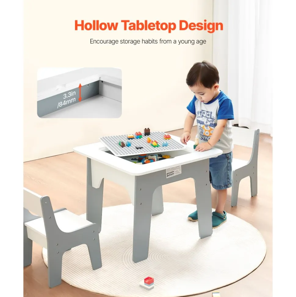 VEVOR 4 in 1 Kid Activity Table and 2 Chairs Set, Graffiti & Building Blocks Double-Sided Tabletop, Toddler Play Table with Storage for Kids 3+ Years, Large Storage Space, Gift for Boys & Girls, White