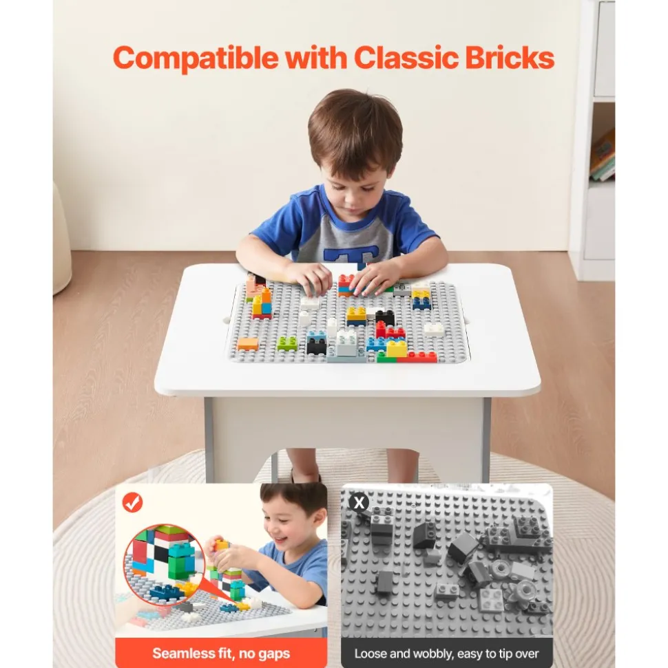 VEVOR 4 in 1 Kid Activity Table and 2 Chairs Set, Graffiti & Building Blocks Double-Sided Tabletop, Toddler Play Table with Storage for Kids 3+ Years, Large Storage Space, Gift for Boys & Girls, White