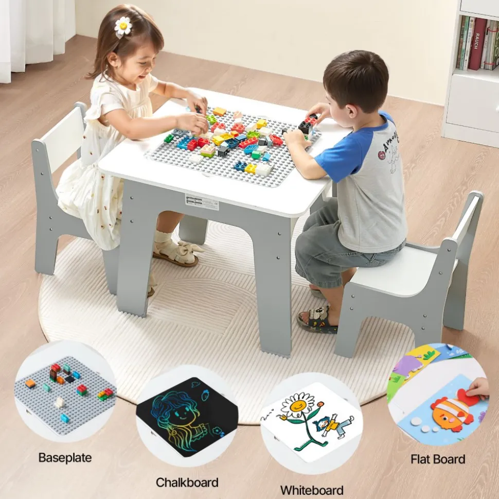 VEVOR 4 in 1 Kid Activity Table and 2 Chairs Set, Graffiti & Building Blocks Double-Sided Tabletop, Toddler Play Table with Storage for Kids 3+ Years, Large Storage Space, Gift for Boys & Girls, White