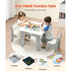 VEVOR 4 in 1 Kid Activity Table and 2 Chairs Set, Graffiti & Building Blocks Double-Sided Tabletop, Toddler Play Table with Storage for Kids 3+ Years, Large Storage Space, Gift for Boys & Girls, White