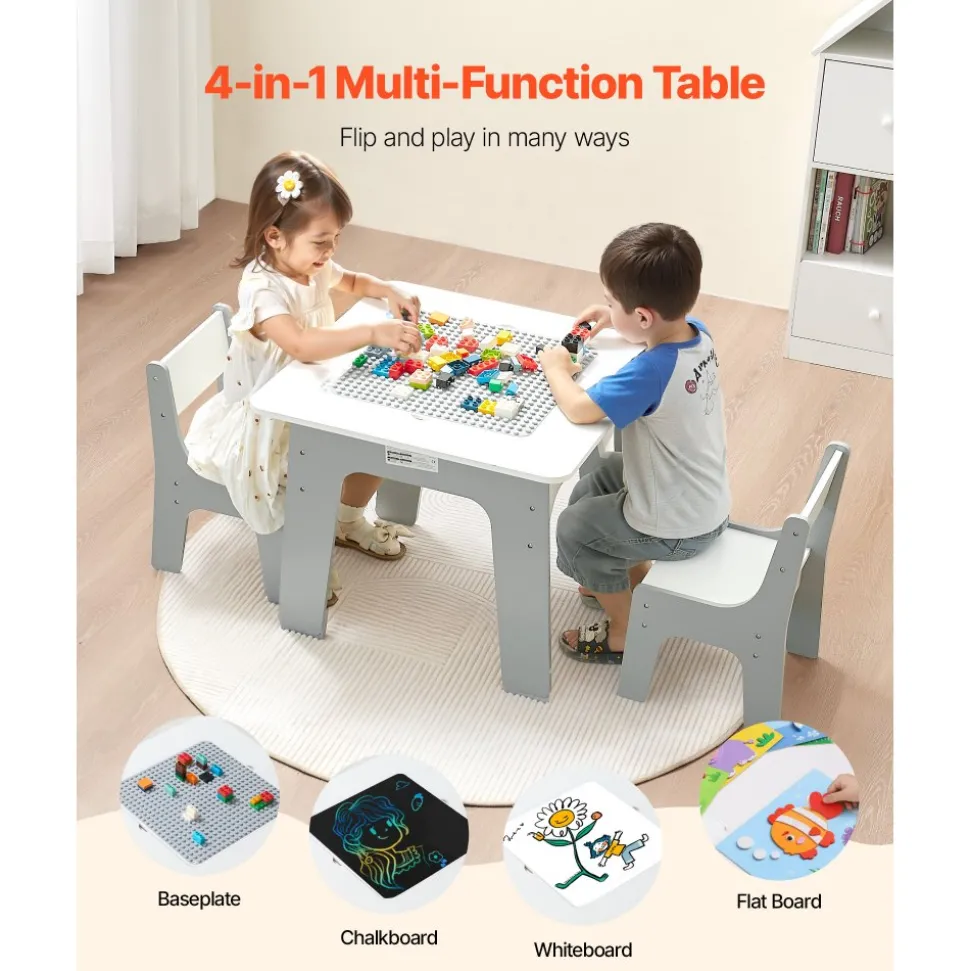 VEVOR 4 in 1 Kid Activity Table and 2 Chairs Set, Graffiti & Building Blocks Double-Sided Tabletop, Toddler Play Table with Storage for Kids 3+ Years, Large Storage Space, Gift for Boys & Girls, White