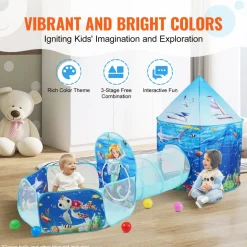 VEVOR 3 in 1 Kids Play Tent with Tunnel, Basketball Hoop for Boys, Girls, Babies and Toddlers, Indoor/Outdoor Pop Up Playhouse with Carrying Bag & Banding Straps Birthday Gifts, Blue Ocean