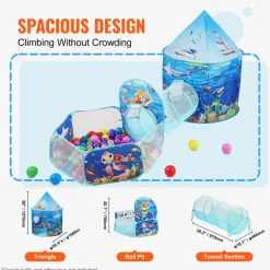 VEVOR 3 in 1 Kids Play Tent with Tunnel, Basketball Hoop for Boys, Girls, Babies and Toddlers, Indoor/Outdoor Pop Up Playhouse with Carrying Bag & Banding Straps Birthday Gifts, Blue Ocean