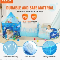 VEVOR 3 in 1 Kids Play Tent with Tunnel, Basketball Hoop for Boys, Girls, Babies and Toddlers, Indoor/Outdoor Pop Up Playhouse with Carrying Bag & Banding Straps Birthday Gifts, Blue Ocean