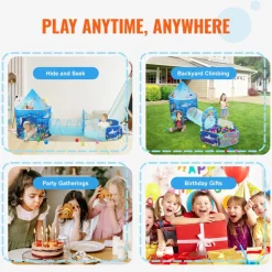 VEVOR 3 in 1 Kids Play Tent with Tunnel, Basketball Hoop for Boys, Girls, Babies and Toddlers, Indoor/Outdoor Pop Up Playhouse with Carrying Bag & Banding Straps Birthday Gifts, Blue Ocean