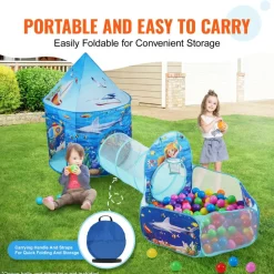 VEVOR 3 in 1 Kids Play Tent with Tunnel, Basketball Hoop for Boys, Girls, Babies and Toddlers, Indoor/Outdoor Pop Up Playhouse with Carrying Bag & Banding Straps Birthday Gifts, Blue Ocean