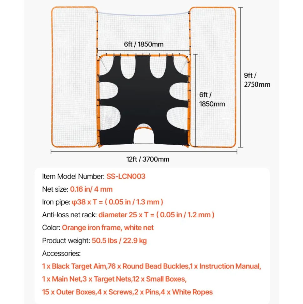 VEVOR 3-IN-1 Lacrosse Goal, 12x9 ft Lacrosse Net with Backstop and Target, Quick & Easy Setup Backyard Rebounder Equipment, Steel Frame Training Nets, Suitable for Youth Adult Training, Orange