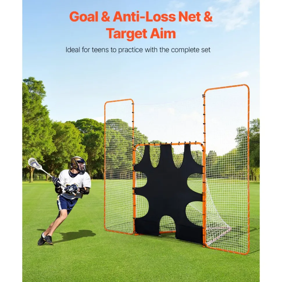 VEVOR 3-IN-1 Lacrosse Goal, 12x9 ft Lacrosse Net with Backstop and Target, Quick & Easy Setup Backyard Rebounder Equipment, Steel Frame Training Nets, Suitable for Youth Adult Training, Orange