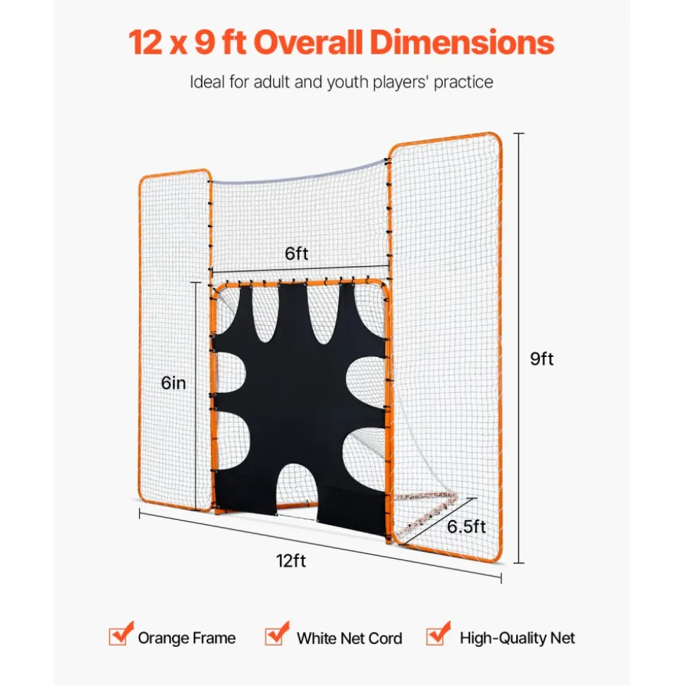 VEVOR 3-IN-1 Lacrosse Goal, 12x9 ft Lacrosse Net with Backstop and Target, Quick & Easy Setup Backyard Rebounder Equipment, Steel Frame Training Nets, Suitable for Youth Adult Training, Orange