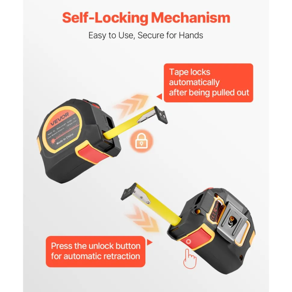 VEVOR 2-in-1 Laser Tape Measure, 135Ft Rechargeable Laser Measurement Tool & 16Ft Measuring Tape with Magnetic, 4 Modes-Length, Area, Volume, Continuous,ft/in/m/ft+in Unit,for Outdoor,Decoration