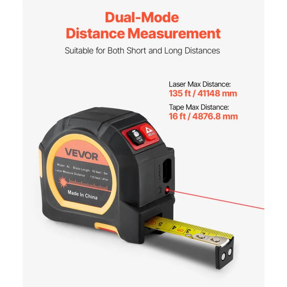 VEVOR 2-in-1 Laser Tape Measure, 135Ft Rechargeable Laser Measurement Tool & 16Ft Measuring Tape with Magnetic, 4 Modes-Length, Area, Volume, Continuous,ft/in/m/ft+in Unit,for Outdoor,Decoration