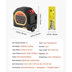 VEVOR 2-in-1 Laser Tape Measure, 135Ft Rechargeable Laser Measurement Tool & 16Ft Measuring Tape with Magnetic, 4 Modes-Length, Area, Volume, Continuous,ft/in/m/ft+in Unit,for Outdoor,Decoration