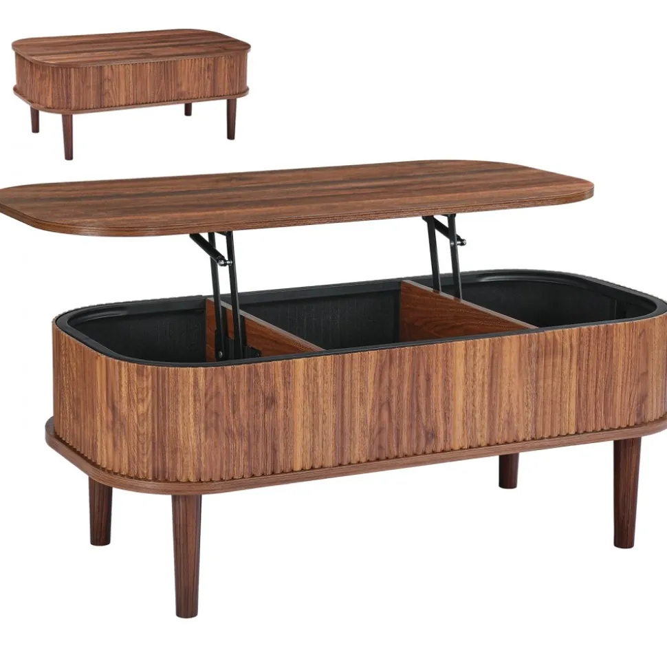 VEVOR 39.4 in Lift Top Coffee Table, Fluted Oval Coffee Table with 3 Hidden Compartment, Mid Century Wooden Oval Center Desk with Storage, Lift Up Tabletop for Home & Office, Easy Assembly, Walnut