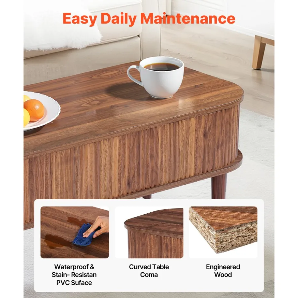 VEVOR 39.4 in Lift Top Coffee Table, Fluted Oval Coffee Table with 3 Hidden Compartment, Mid Century Wooden Oval Center Desk with Storage, Lift Up Tabletop for Home & Office, Easy Assembly, Walnut