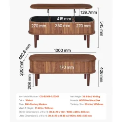 VEVOR 39.4 in Lift Top Coffee Table, Fluted Oval Coffee Table with 3 Hidden Compartment, Mid Century Wooden Oval Center Desk with Storage, Lift Up Tabletop for Home & Office, Easy Assembly, Walnut