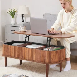 VEVOR 39.4 in Lift Top Coffee Table, Fluted Oval Coffee Table with 3 Hidden Compartment, Mid Century Wooden Oval Center Desk with Storage, Lift Up Tabletop for Home & Office, Easy Assembly, Walnut