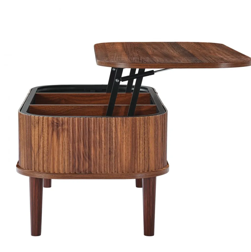 VEVOR 39.4 in Lift Top Coffee Table, Fluted Oval Coffee Table with 3 Hidden Compartment, Mid Century Wooden Oval Center Desk with Storage, Lift Up Tabletop for Home & Office, Easy Assembly, Walnut