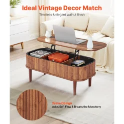 VEVOR 39.4 in Lift Top Coffee Table, Fluted Oval Coffee Table with 3 Hidden Compartment, Mid Century Wooden Oval Center Desk with Storage, Lift Up Tabletop for Home & Office, Easy Assembly, Walnut