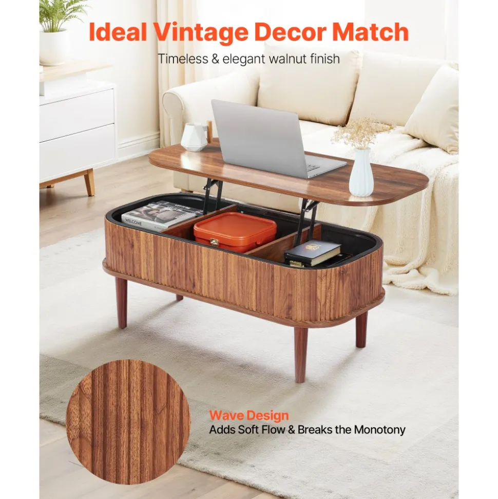 VEVOR 39.4 in Lift Top Coffee Table, Fluted Oval Coffee Table with 3 Hidden Compartment, Mid Century Wooden Oval Center Desk with Storage, Lift Up Tabletop for Home & Office, Easy Assembly, Walnut