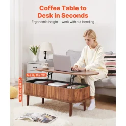 VEVOR 39.4 in Lift Top Coffee Table, Fluted Oval Coffee Table with 3 Hidden Compartment, Mid Century Wooden Oval Center Desk with Storage, Lift Up Tabletop for Home & Office, Easy Assembly, Walnut