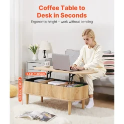 VEVOR 39.4 in Lift Top Coffee Table, Fluted Oval Coffee Table with 3 Hidden Compartment, Mid Century Wooden Oval Center Desk with Storage, Lift Up Tabletop for Home & Office, Easy Assembly, Burlywood