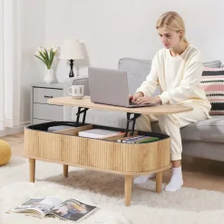 VEVOR 39.4 in Lift Top Coffee Table, Fluted Oval Coffee Table with 3 Hidden Compartment, Mid Century Wooden Oval Center Desk with Storage, Lift Up Tabletop for Home & Office, Easy Assembly, Burlywood