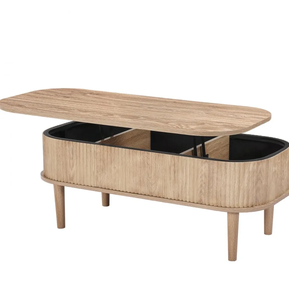 VEVOR 39.4 in Lift Top Coffee Table, Fluted Oval Coffee Table with 3 Hidden Compartment, Mid Century Wooden Oval Center Desk with Storage, Lift Up Tabletop for Home & Office, Easy Assembly, Burlywood