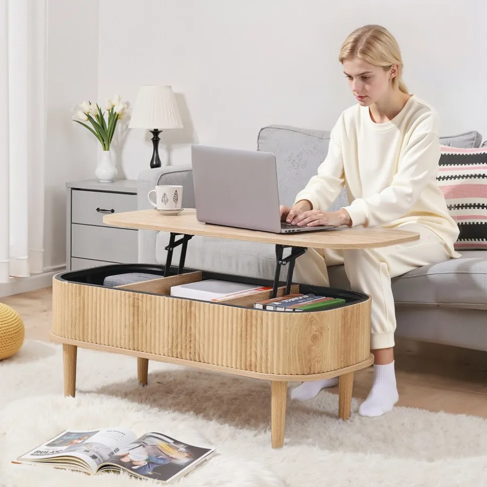 VEVOR 39.4 in Lift Top Coffee Table, Fluted Oval Coffee Table with 3 Hidden Compartment, Mid Century Wooden Oval Center Desk with Storage, Lift Up Tabletop for Home & Office, Easy Assembly, Burlywood