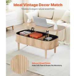 VEVOR 39.4 in Lift Top Coffee Table, Fluted Oval Coffee Table with 3 Hidden Compartment, Mid Century Wooden Oval Center Desk with Storage, Lift Up Tabletop for Home & Office, Easy Assembly, Burlywood