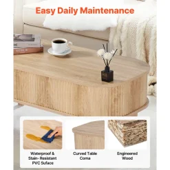 VEVOR 39.4 in Lift Top Coffee Table, Fluted Oval Coffee Table with 3 Hidden Compartment, Mid Century Wooden Oval Center Desk with Storage, Lift Up Tabletop for Home & Office, Easy Assembly, Burlywood