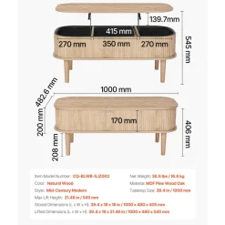 VEVOR 39.4 in Lift Top Coffee Table, Fluted Oval Coffee Table with 3 Hidden Compartment, Mid Century Wooden Oval Center Desk with Storage, Lift Up Tabletop for Home & Office, Easy Assembly, Burlywood