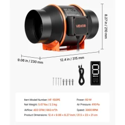 VEVOR Inline Duct Fan, 402 CFM 6 inch EC Motor Ventilation Fan with 3-Speed Circulation, 10-Speed PWM Controller, Timer-Controlled Operation, Cooling for Grow Tents, Indoor Gardening, Hydroponics