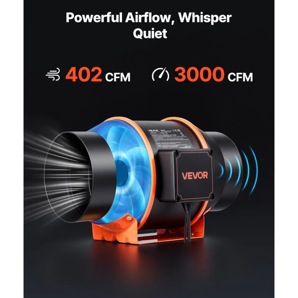 VEVOR Inline Duct Fan, 402 CFM 6 inch EC Motor Ventilation Fan with 3-Speed Circulation, 10-Speed PWM Controller, Timer-Controlled Operation, Cooling for Grow Tents, Indoor Gardening, Hydroponics