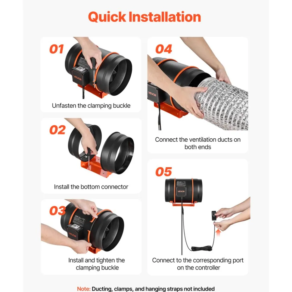 VEVOR Inline Duct Fan, 807 CFM 8 inch EC Motor Ventilation Fan with 3-Speed Circulation, 10-Speed PWM Controller, Timer-Controlled Operation, Cooling for Grow Tents, Indoor Gardening, Hydroponics