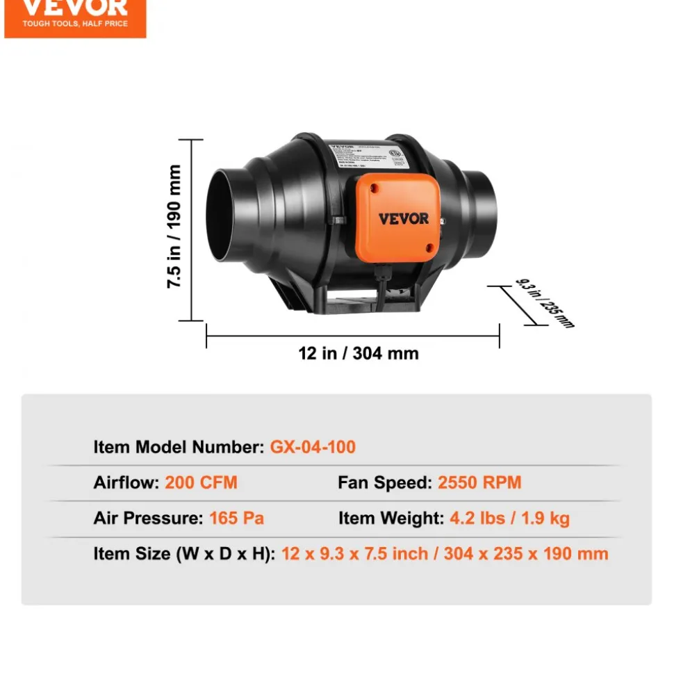 VEVOR Inline Duct Fan, 8-Inch 750 CFM with Variable Speed Controller, Quiet AC-motor Ventilation Exhaust Fan for Cooling Booster, Grow Tents, Hydroponics