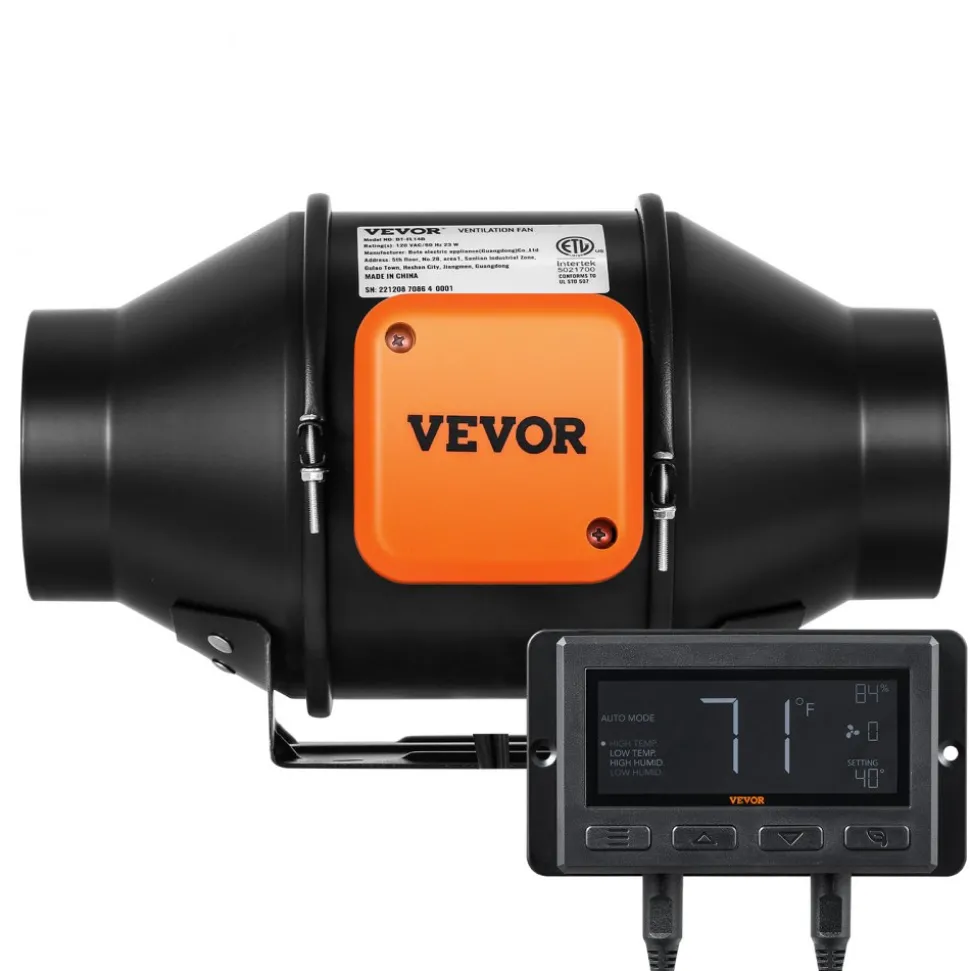 VEVOR Inline Duct Fan, 4-Inch 205 CFM Quiet EC-motor Ventilation Exhaust Fan, with Temperature Humidity Controller for Cooling Booster, Grow Tents, Hydroponics