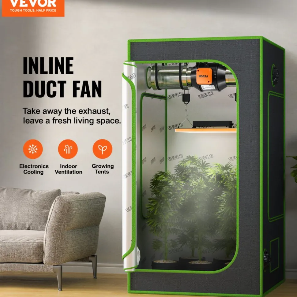 VEVOR Inline Duct Fan, 4-Inch 205 CFM Quiet EC-motor Ventilation Exhaust Fan, with Temperature Humidity Controller for Cooling Booster, Grow Tents, Hydroponics