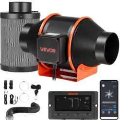 VEVOR Inline Duct Fan Kit Carbon Filter, 205 CFM 4 inch EC Motor Exhaust Ventilation Fan with 10-Speed, PWM Controller, App Control, Timer, Cooling System for Grow Tent, Indoor Gardening, Hydroponics
