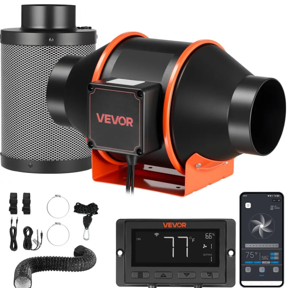 VEVOR Inline Duct Fan Kit Carbon Filter, 205 CFM 4 inch EC Motor Exhaust Ventilation Fan with 10-Speed, PWM Controller, App Control, Timer, Cooling System for Grow Tent, Indoor Gardening, Hydroponics