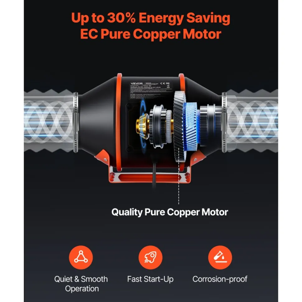 VEVOR Inline Duct Fan Kit Carbon Filter, 205 CFM 4 inch EC Motor Exhaust Ventilation Fan with 10-Speed, PWM Controller, App Control, Timer, Cooling System for Grow Tent, Indoor Gardening, Hydroponics