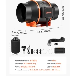 VEVOR Inline Duct Fan Kit Carbon Filter, 402 CFM 6 inch EC Motor Exhaust Ventilation Fan with 10-Speed, PWM Controller, App Control, Timer, Cooling System for Grow Tent, Indoor Gardening, Hydroponics