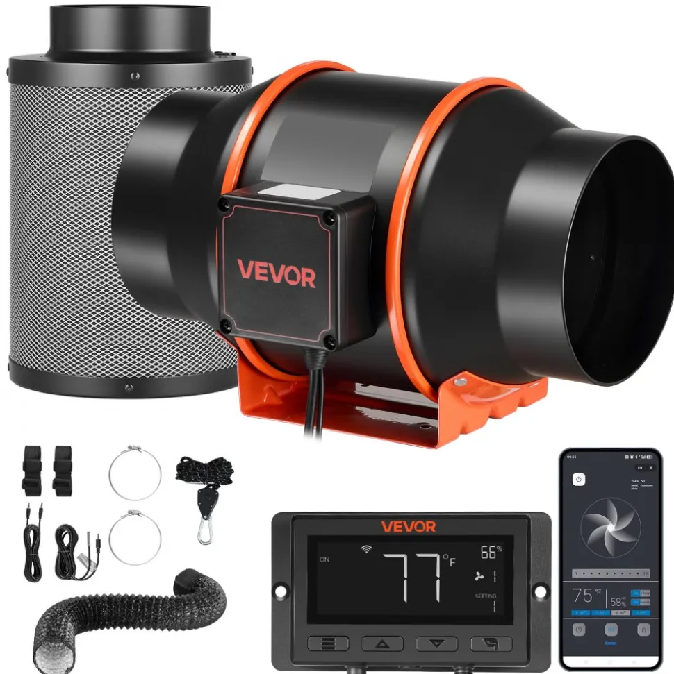 VEVOR Inline Duct Fan Kit Carbon Filter, 402 CFM 6 inch EC Motor Exhaust Ventilation Fan with 10-Speed, PWM Controller, App Control, Timer, Cooling System for Grow Tent, Indoor Gardening, Hydroponics