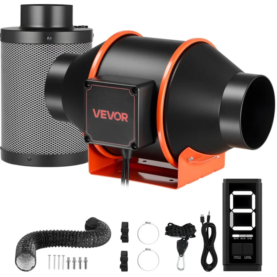 VEVOR Inline Duct Fan Kit with Carbon Filter, 205 CFM 4 inch EC Motor Ventilation Fan with 3-Speed Circulation, 10-Speed PWM Controller, Timer, Cooling for Grow Tents, Indoor Gardening, Hydroponics