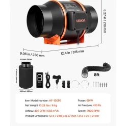 VEVOR Inline Duct Fan Kit with Carbon Filter, 402 CFM 6 inch EC Motor Ventilation Fan with 3-Speed Circulation, 10-Speed PWM Controller, Timer, Cooling for Grow Tents, Indoor Gardening, Hydroponics