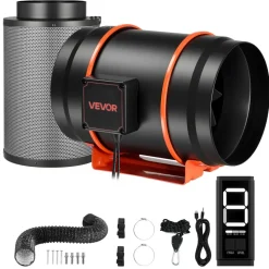 VEVOR Inline Duct Fan Kit with Carbon Filter, 807 CFM 8 inch EC Motor Ventilation Fan with 3-Speed Circulation, 10-Speed PWM Controller, Timer, Cooling for Grow Tents, Indoor Gardening, Hydroponics