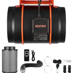VEVOR Inline Duct Fan Kit with Carbon Filter, 807 CFM 8 inch EC Motor Ventilation Fan with 3-Speed Circulation, 10-Speed PWM Controller, Timer, Cooling for Grow Tents, Indoor Gardening, Hydroponics