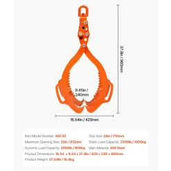 VEVOR 32in Log Lifting Tongs, 4-Claw Log Tongs, Heavy Duty Steel Log Grapple, 2200LBS Lifting Capacity, Swivel Log Graper Timber, Eagle Claw Design, Log Skidding Tongs for Trucks, Tractors, Forklifts