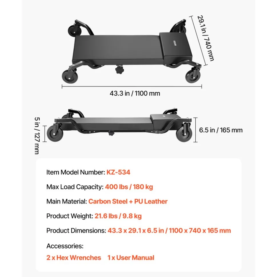 VEVOR 40 in Mechanic Creeper with 4 Large Wheels, 400 lbs Low Profile Under Car Garage Roller, Rolling Creeper with Raised Headrest, Manual Brake for Auto Repair